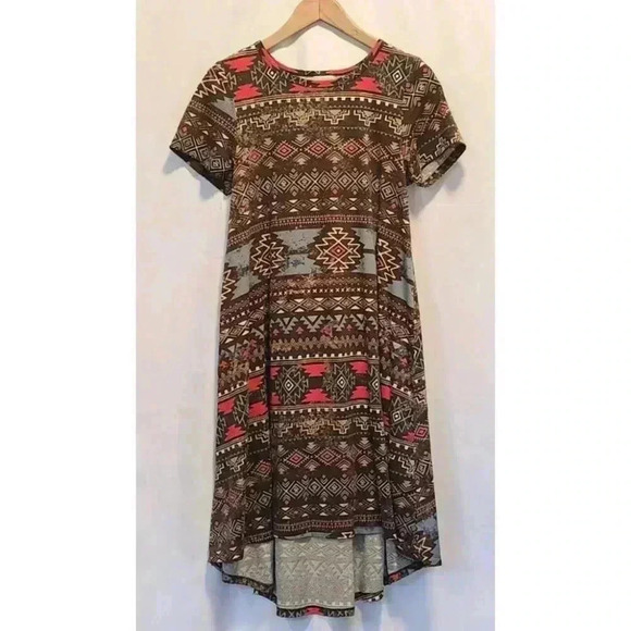LuLaRoe Carly Dress Women's S Brown Short Sleeve High Low Aztec Pattern‎ Western - Picture 1 of 8